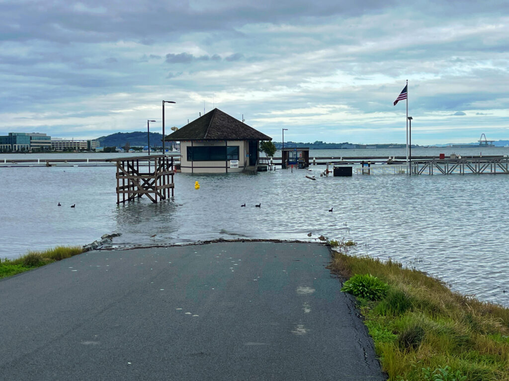 Oyster Point Marina, South San Francisco. Building flooded with water